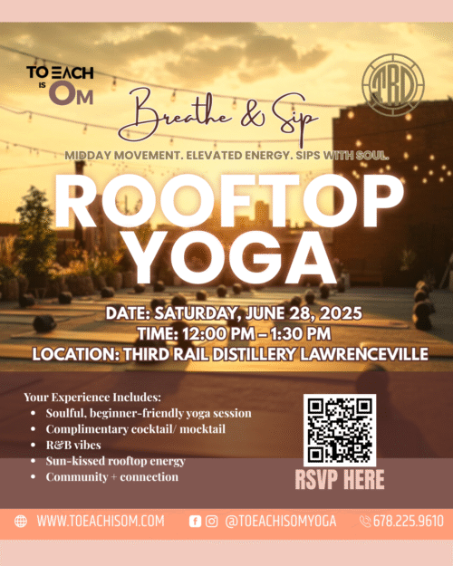 Breathe and Sip rooftop yoga event flyer with Basu Lisa C, featuring yoga, cocktails, and rooftop vibes at Third Rail Distillery on June 28